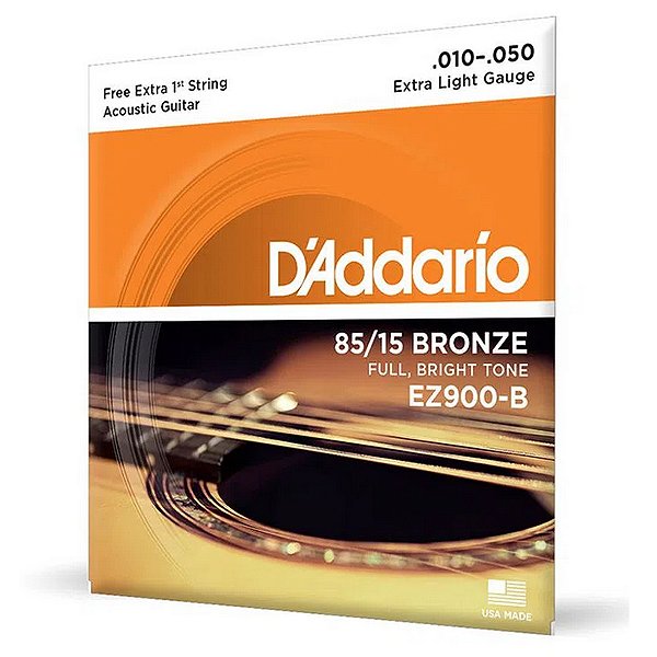 Encordoamento D'Addario 85/15 Bronze EZ900-B Para Violão Aço 10-50 Com Corda Extra PL010