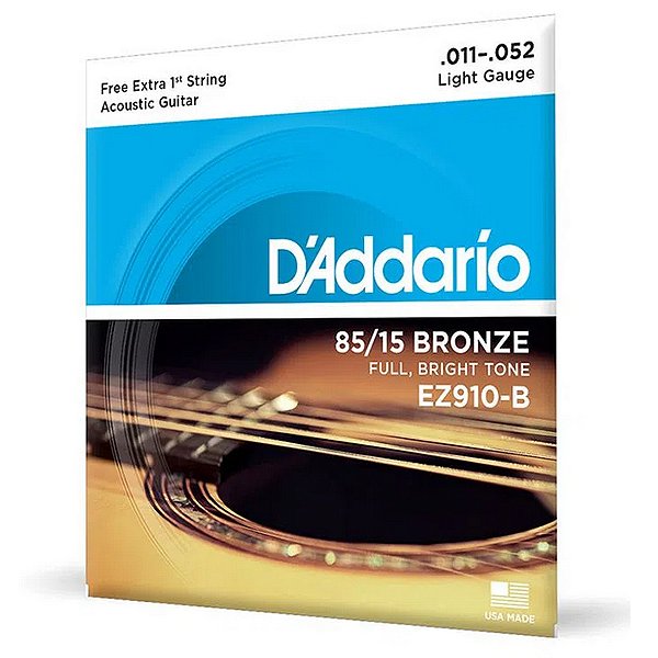Encordoamento D'Addario 85/15 Bronze EZ910-B Para Violão Aço 11-52 Com Corda Extra PL011