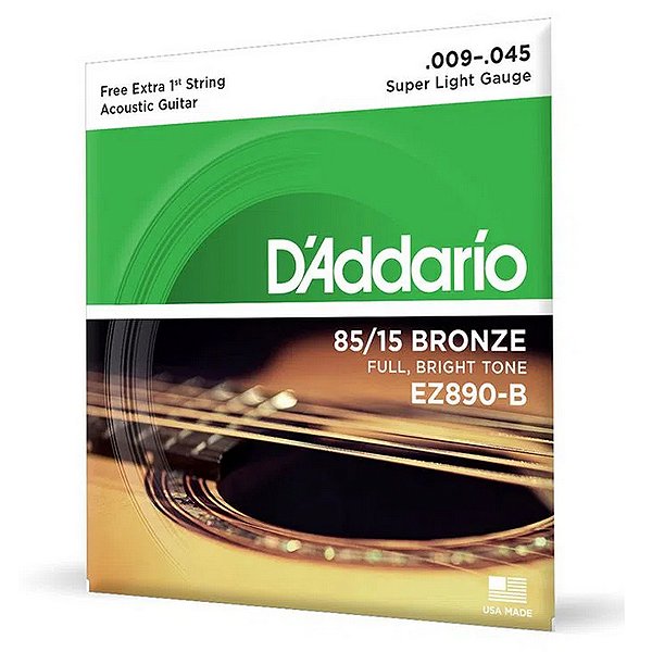 Encordoamento D'Addario 85/15 Bronze EZ890-B Para Violão Aço 09-45 Com Corda Extra PL009