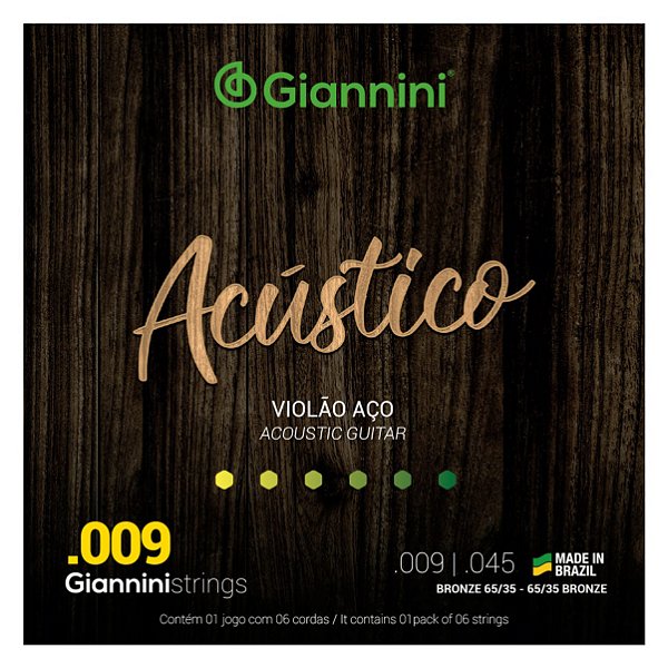 Encordoamento Giannini Acústico para Violão Aço 6 cordas Bronze 65/35 GESWAL (.009 – .045)