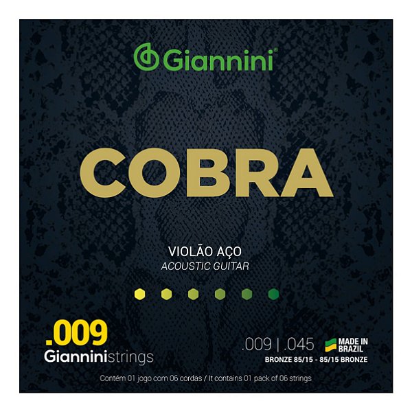 Encordoamento Giannini Cobra para Violão Aço 6 cordas  Bronze 85/15 GEEWAK (.009 – .045)