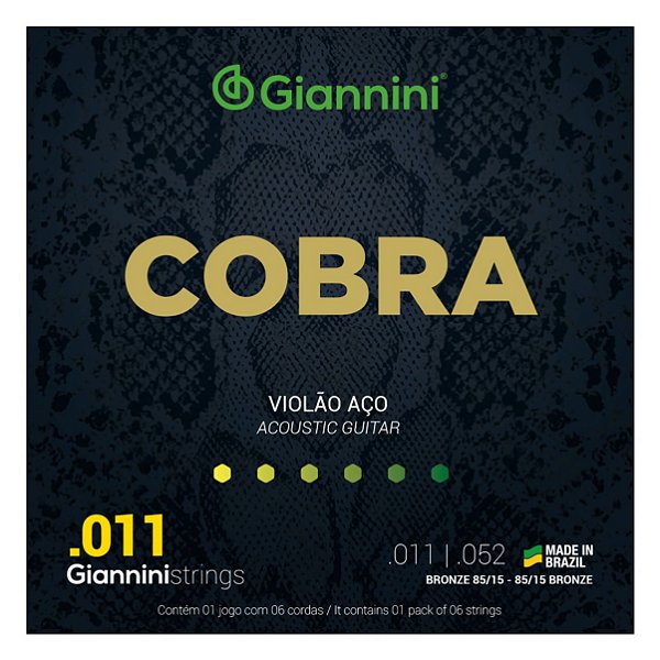 Encordoamento Giannini Cobra para Violão Aço 6 cordas Bronze 85/15 GEEFLK (.011 – .052)