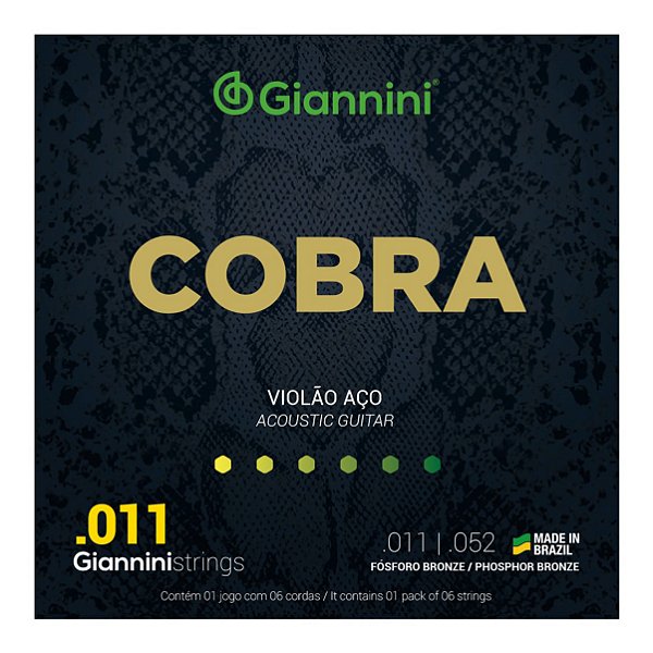 Encordoamento Giannini Cobra Fósforo para Violão Aço 6 cordas Bronze GEEFLKF (.011 – .052)