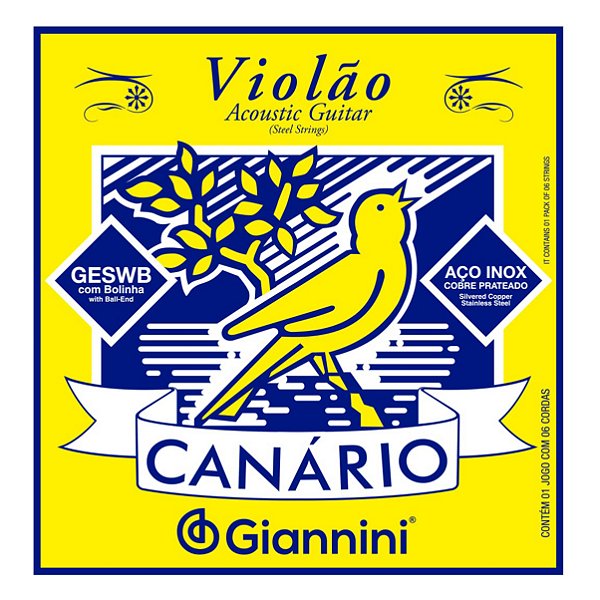 Encordoamento Giannini Canário GESWB para Violão Aço 6 cordas (.011 – .045) Média com bolinha