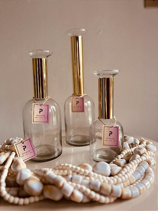 Trio Garrafa Vidro Detalhe Metal Dourado