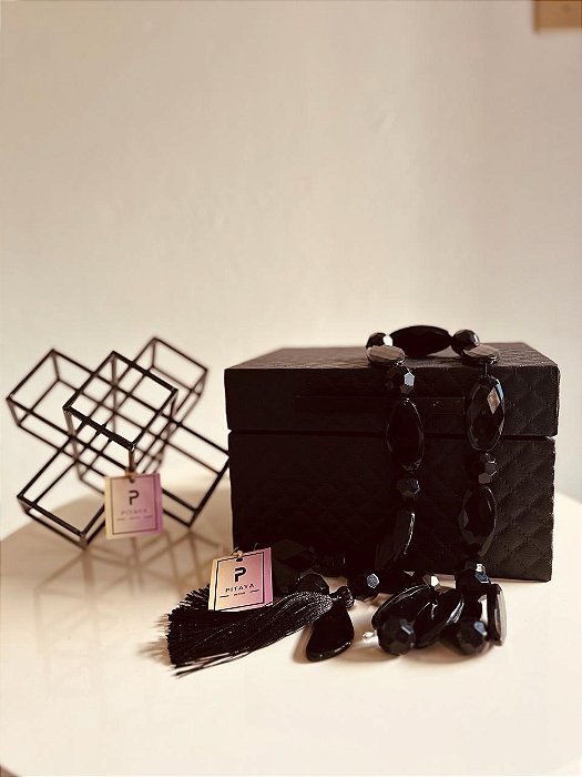 Kit Caixa Retangular Madeira Matelasse Preto.