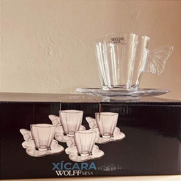 Conjunto 4 Xícaras de Chá (180 ml) de Vidro com Pires Butterfy