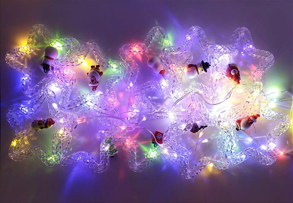 Cascata com 130 LEDs Colorido fio de fada PVC estrela + figuras natalinas 3 metros bivolt.