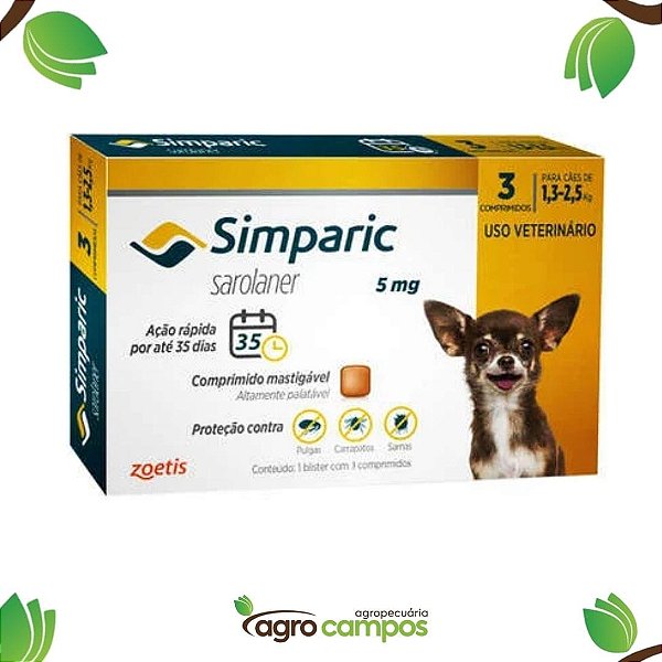 Antipulgas Simparic 5mg Cães 1,3-2,5kg Com 1 comprimido - Zoetis