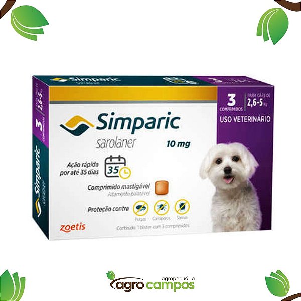 Antipulgas Simparic 10mg - Cães 2,6kg - 5kg com 1 comprimido - Zoetis