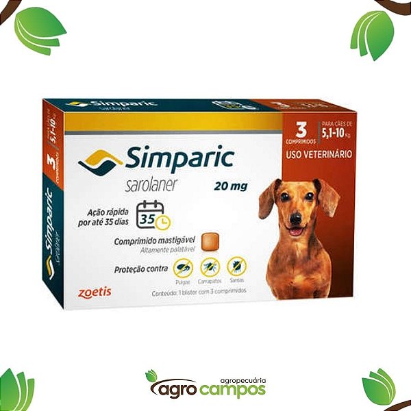 Antipulgas Simparic 20mg Cães 5,1-10kg Com 1 Comprimido - Zoetis