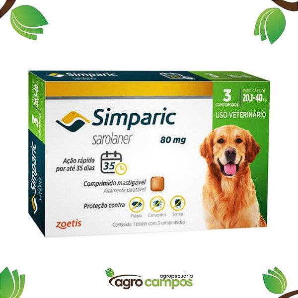 Antipulgas Simparic 80mg Cães 20,1-40kg Com 1 Comprimido