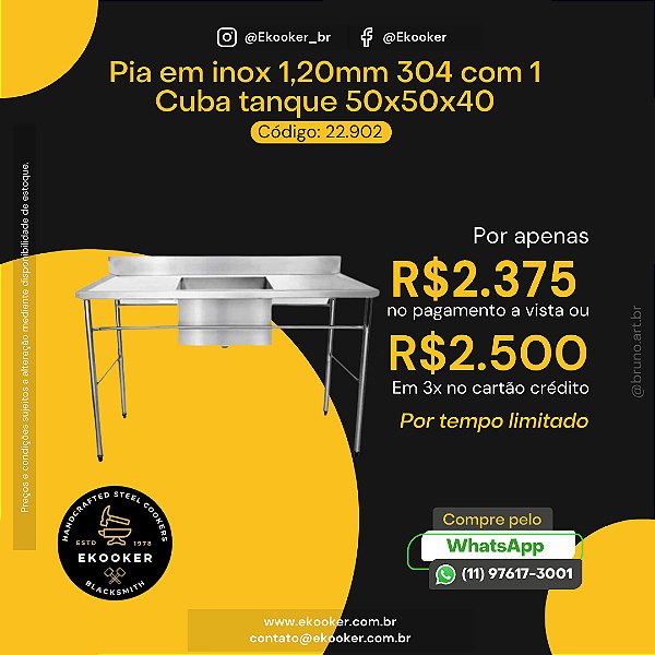 Pia em Inox 1,20mm 304 com 1 cuba