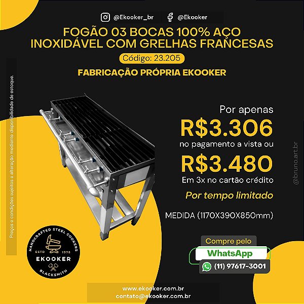 Fogão 03 Bocas 100% Aço Inoxidável com Grelhas Francesas