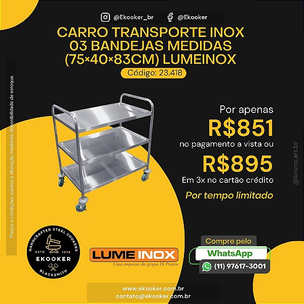 Carro Transporte Inox 03 Bandejas (75x40x83cm) LumeInox
