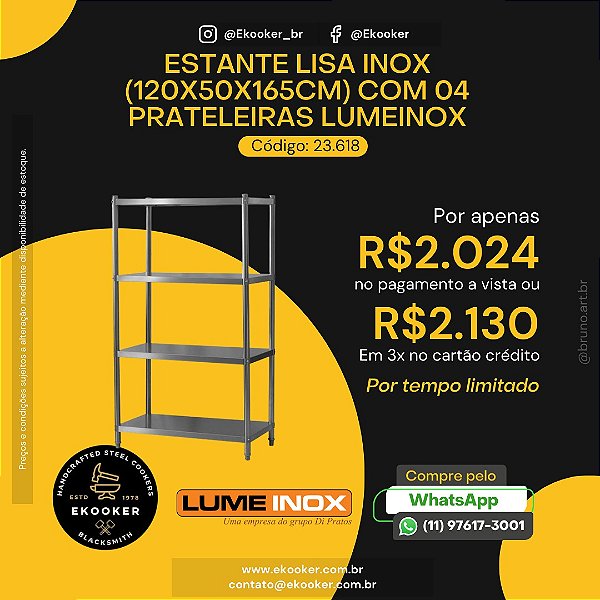 Estante Lisa Inox (120x50x165cm) com 04 Prateleiras LumeInox