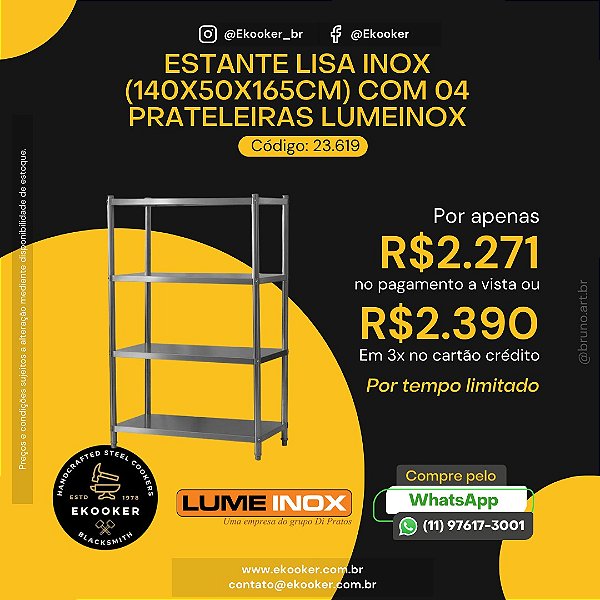 Estante Lisa Inox (140x50x165cm) com 04 Prateleiras LumeInox