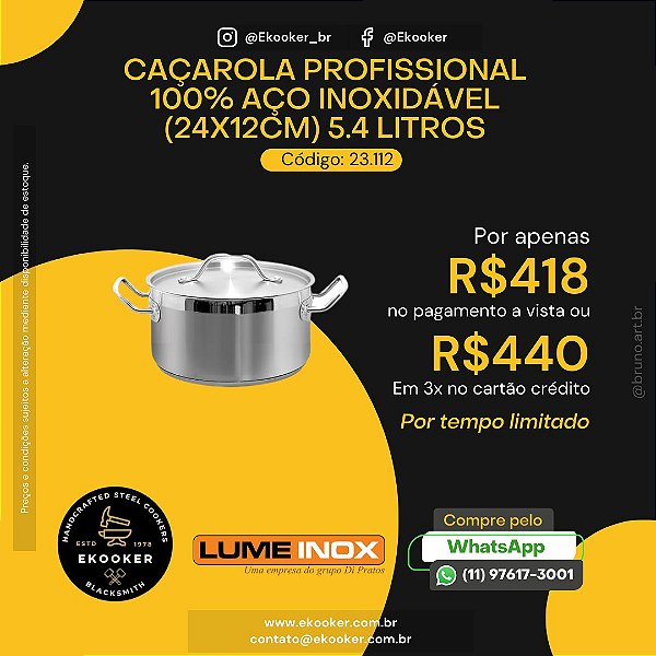 Caçarola Profissional 100% Aço Inoxidável (24x12cm) 5.4 litros