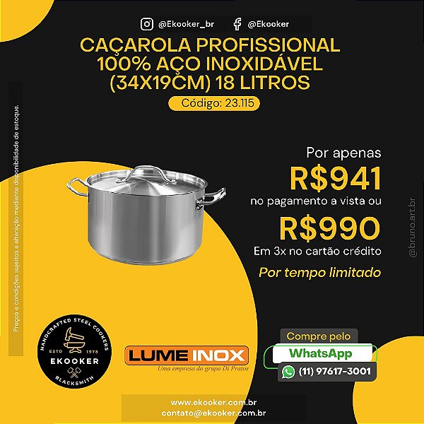 Caçarola Profissional 100% Aço Inoxidável (34x19cm) 18 litros LumeInox