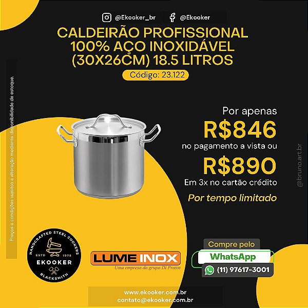 Caldeirão Profissional 100% Aço Inoxidável (30x26cm) 18.5 litros LumeInox