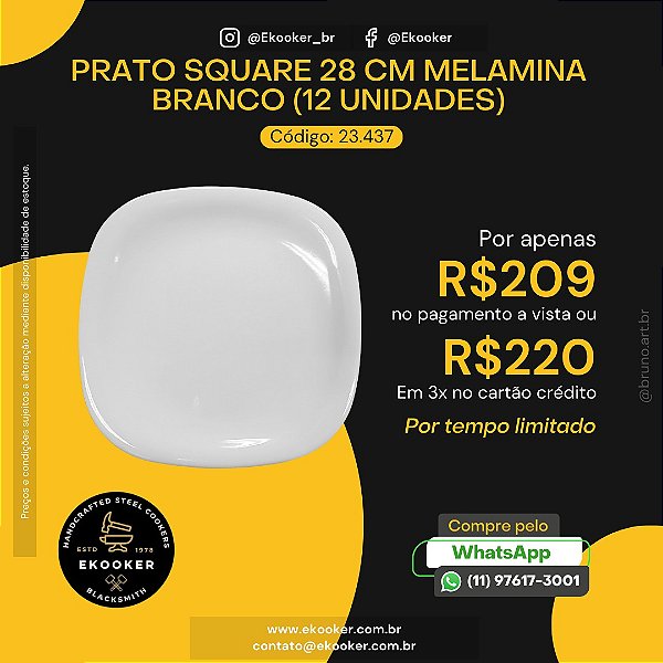 Prato Square 28 cm Melamina Branco (12 unidades)
