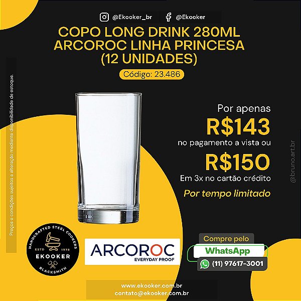 Copo Long Drink 280 ML ARCOROC Linha Princesa (12 unidades)
