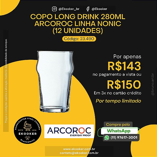 Copo Long Drink 280 ML ARCOROC Linha Nonic (12 unidades)
