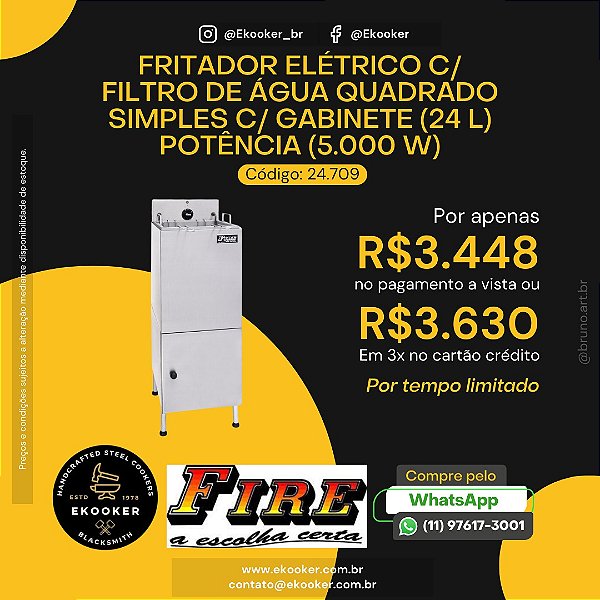 Fritador Elétrico c/ Filtro de Água Quadrado Simples c/ Gabinete (24 L)Potência 5.000W - Fire