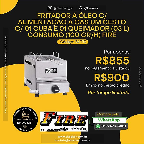 Fritador a Óleo c/ Alimentação a Gás 1 cesto/ 1 Cuba /1 Queimador (05L) consumo 100 GR/H - Fire