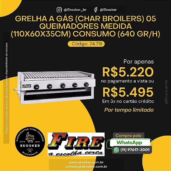 Grelha a Gás (Char Broilers) 5 Queimadores (110x60x35cm) Consumo 640 GR/H FIRE