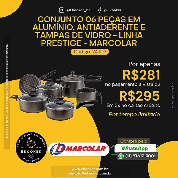 Conjunto 06 Peças em alumínio antiaderente e Tampas de vidro. Linha Prestige - Marcolar