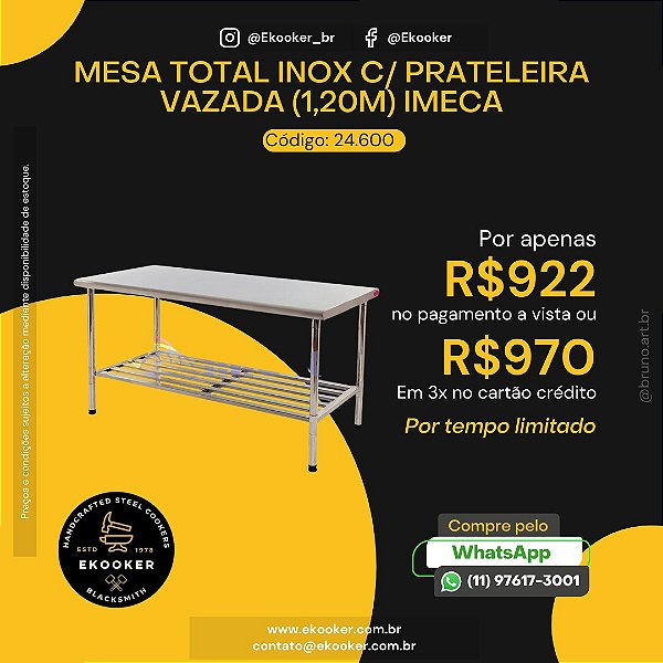 Mesa Total Inox com Prateleira Vazada (1.20M) - Imeca