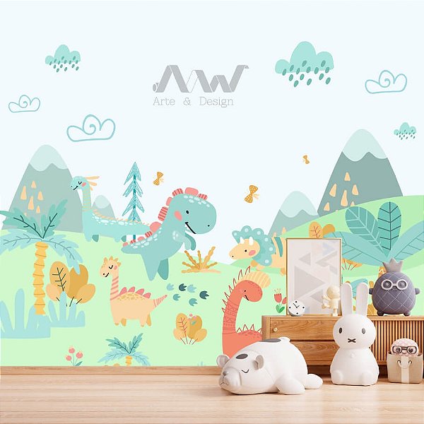 Papel de parede Adesivo - Dinossauros sobre a grama verde com montanhas