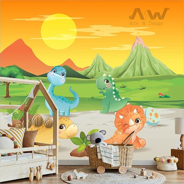 Papel de parede Adesivo - Dinossauros bebês com fundo do por do sol e montanhas