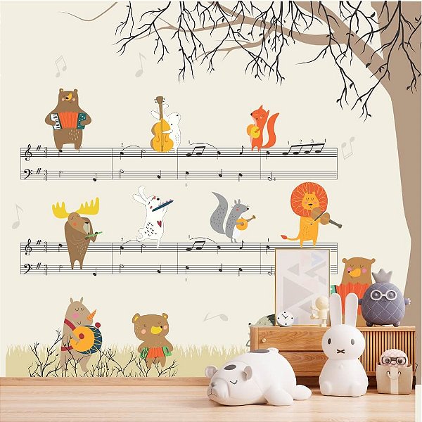 Papel de parede Adesivo - Animais tocando instrumentos em partituras.