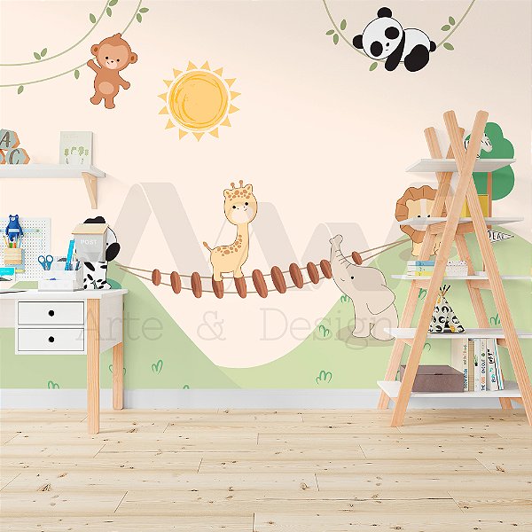 Papel de parede - Safari com animais atravessando em ponte de madeira sob montanha com grama verde e macaco e panda pendurados em fundo bege