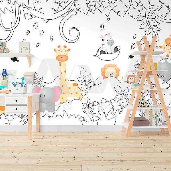 Papel de parede Adesivo - Safari com animais coloridos em floresta em preto e branco