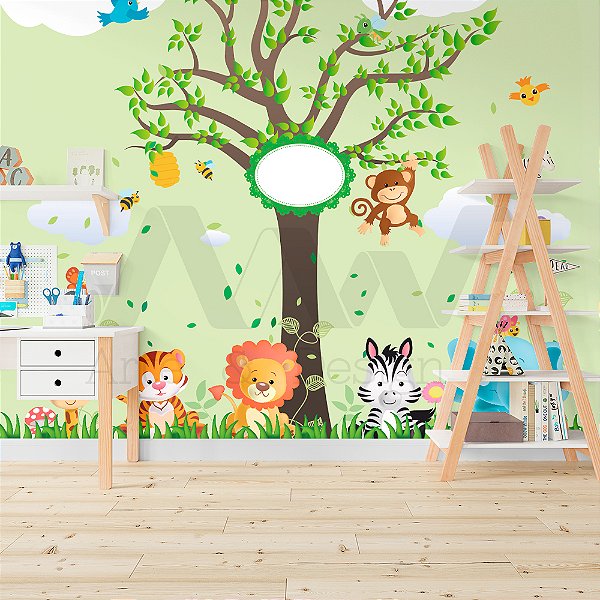 Papel de parede - Safari com animais e árvore marrom com folhas verdes caindo sob fundo verde com borboletas