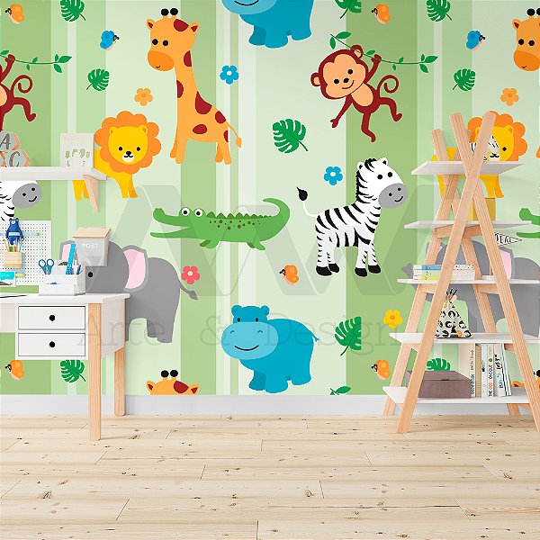 Papel de parede - Safari com animais espalhados em fundo verde listrado