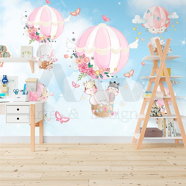 Papel de parede - Safari com animais no balão rosa e nuvens brancas com fundo azul e borboletas