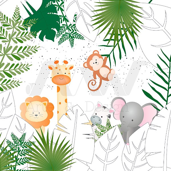 Papel de parede - Safari com animais por tras de folhas brancas e verdes e macaco pendurado no galho