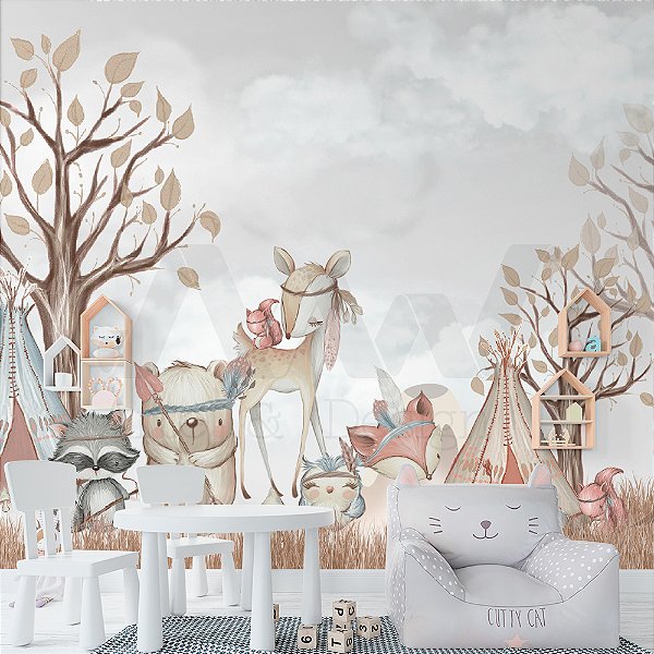 Papel de parede - Safari animais vestidos de indios com cabanas e arvores de galhos secos