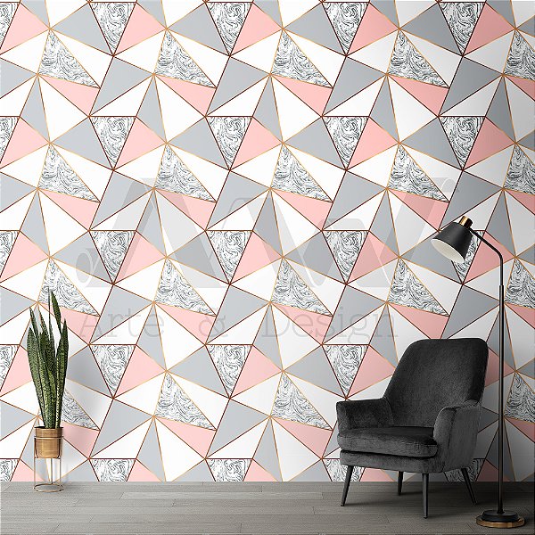 Papel de parede - Geométrico zara cinza com rosa, partes em marmore e linhas douradas