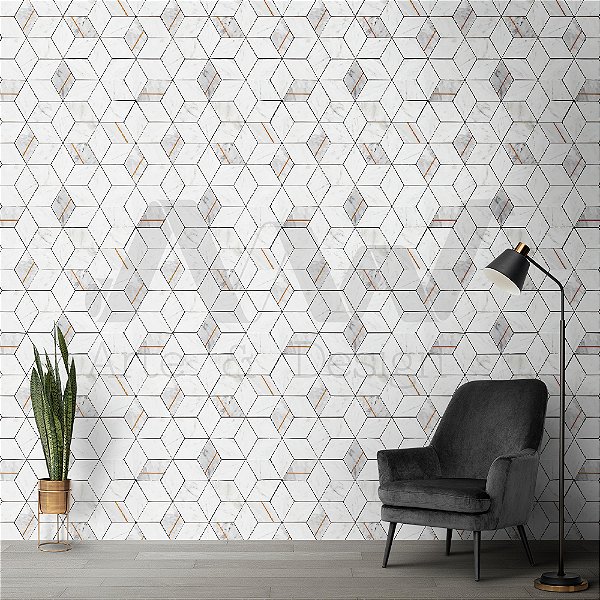 Papel de Parede Adesivo - Geométrico Marmore com Linhas Douradas