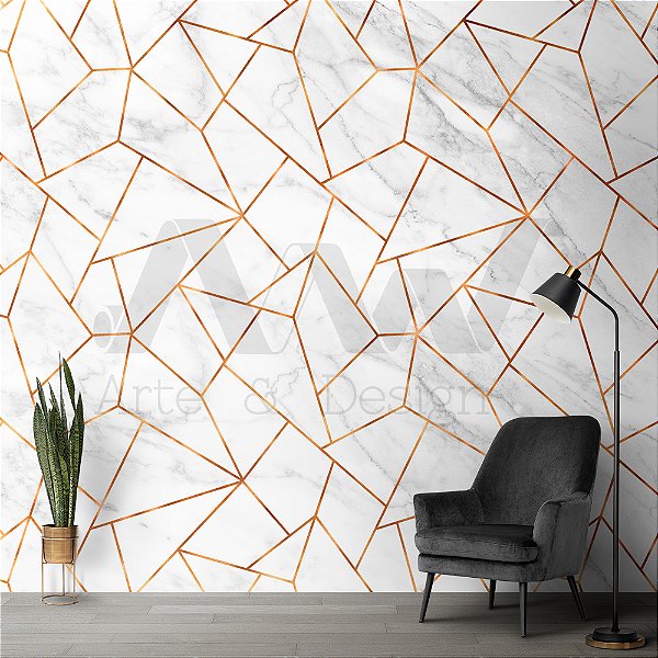 Papel de parede - Geométrico de linhas douradas com mármore cinza ao fundo