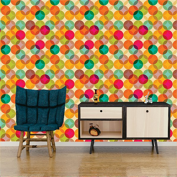 Papel de parede - Geométrico com circulos coloridos sobrepostos, formando ao centro de cada um, uma estrela de 4 pontas