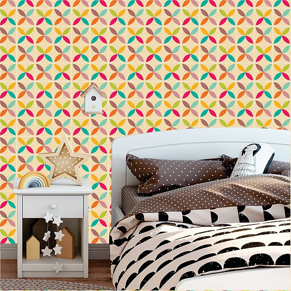 Papel de parede - Folhas coloridas de 4 pontas dentro de quadrado amarelo claro