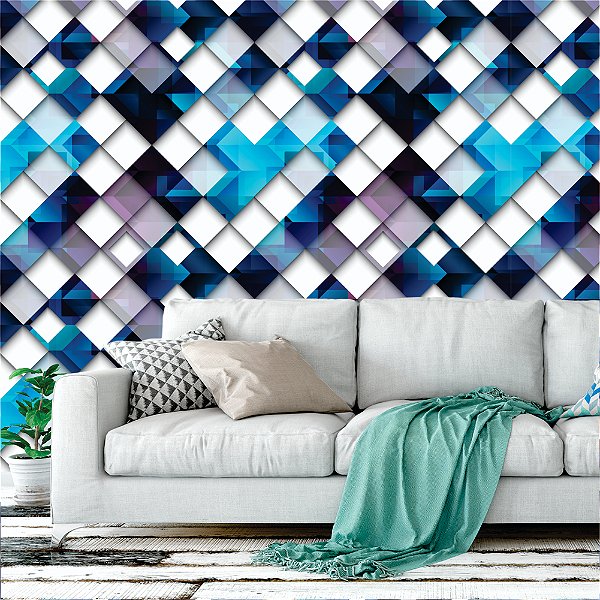 Papel de parede - Triangulos intercalados nos tonsde azul com fundo branco em detalhes lilás