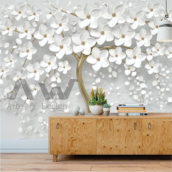 Papel de parede Adesivo-  Árvore de flores brancas e detalhes dourados e caule dourado