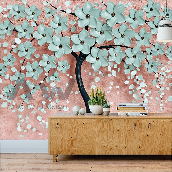 Papel de Parede Adesivo - Arvore de flores verdes tifanny de caule preto com fundo salmão